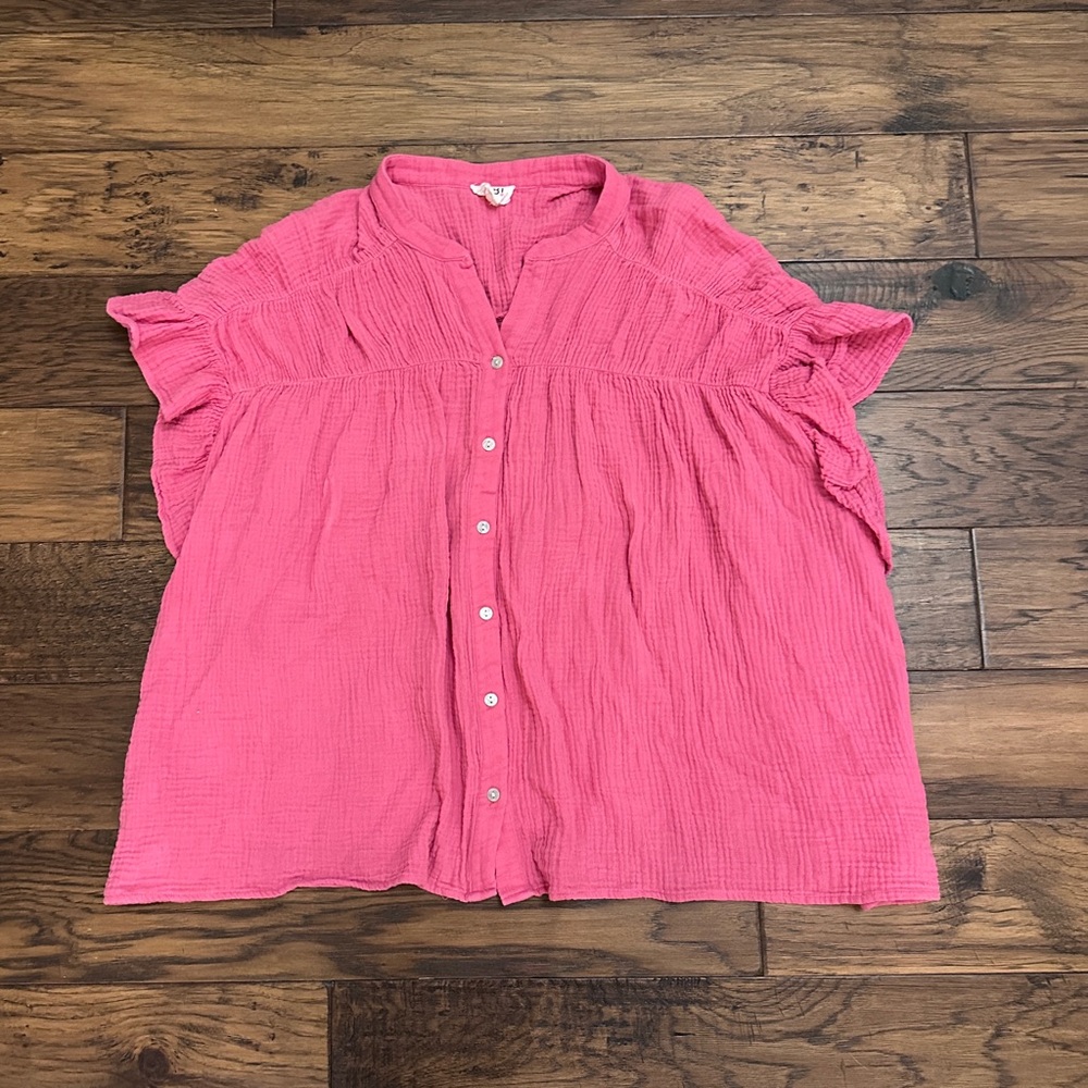 BiBi Pink Textured Button-Front Blouse - Picture 2 of 6